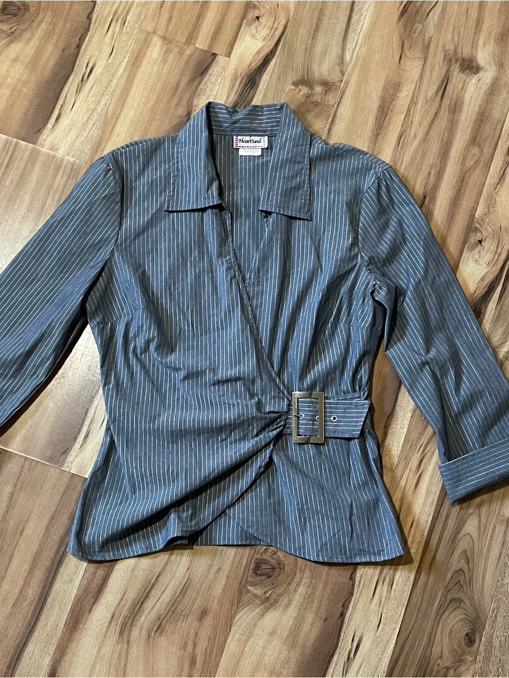 Y2K HeartSoul Vintage Pinstripe Side Buckle Wrap Top Office Siren Chic Sz M Jr